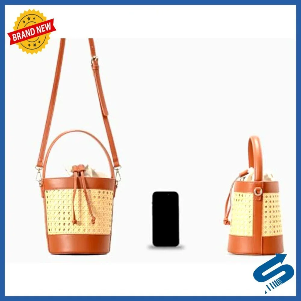 Rattan Straw Tote Bucket Bag PU Leather Summer Beach Holiday Purse